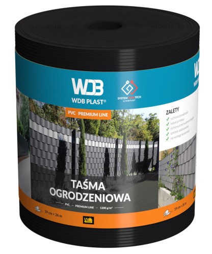 Taśma ogrodzeniowa 19 cm x 26 m - czarna WDB PLAST Taśma ogrodzeniowa, osłona paneli ogrodzeniowych WDB PLAST